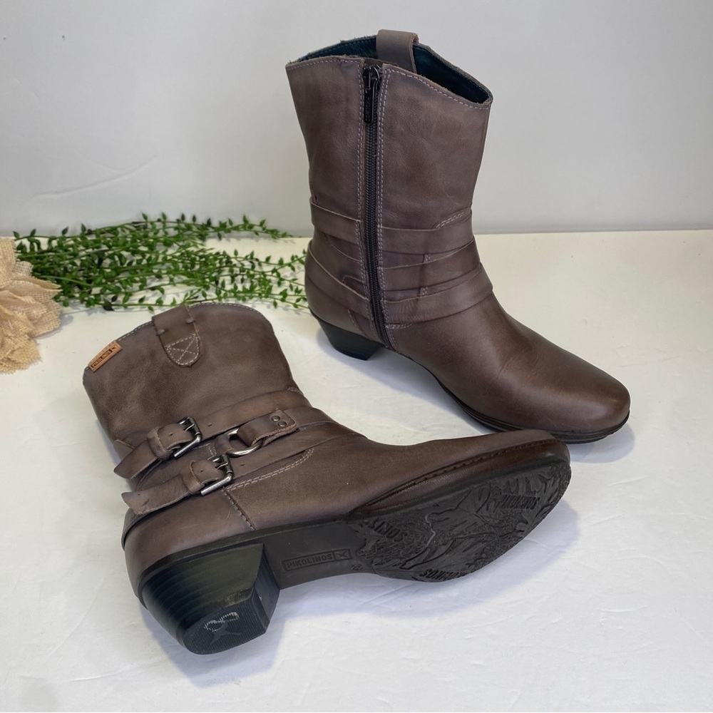 Pikolinos Grey Taupe Leather Buckle Wrap Cowgirl Boots Size 36 US 5